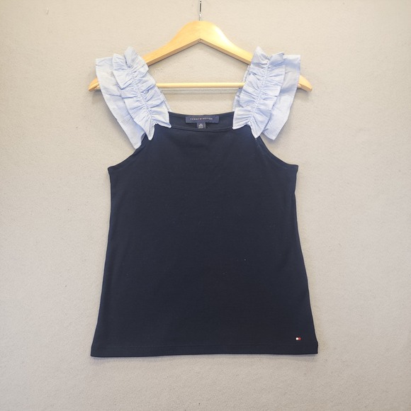 Tommy Hilfiger Tops - Tommy Hilfiger‎ Ruffle Shoulder Tank Top Navy Blue Striped Straps XS NWT Preppy